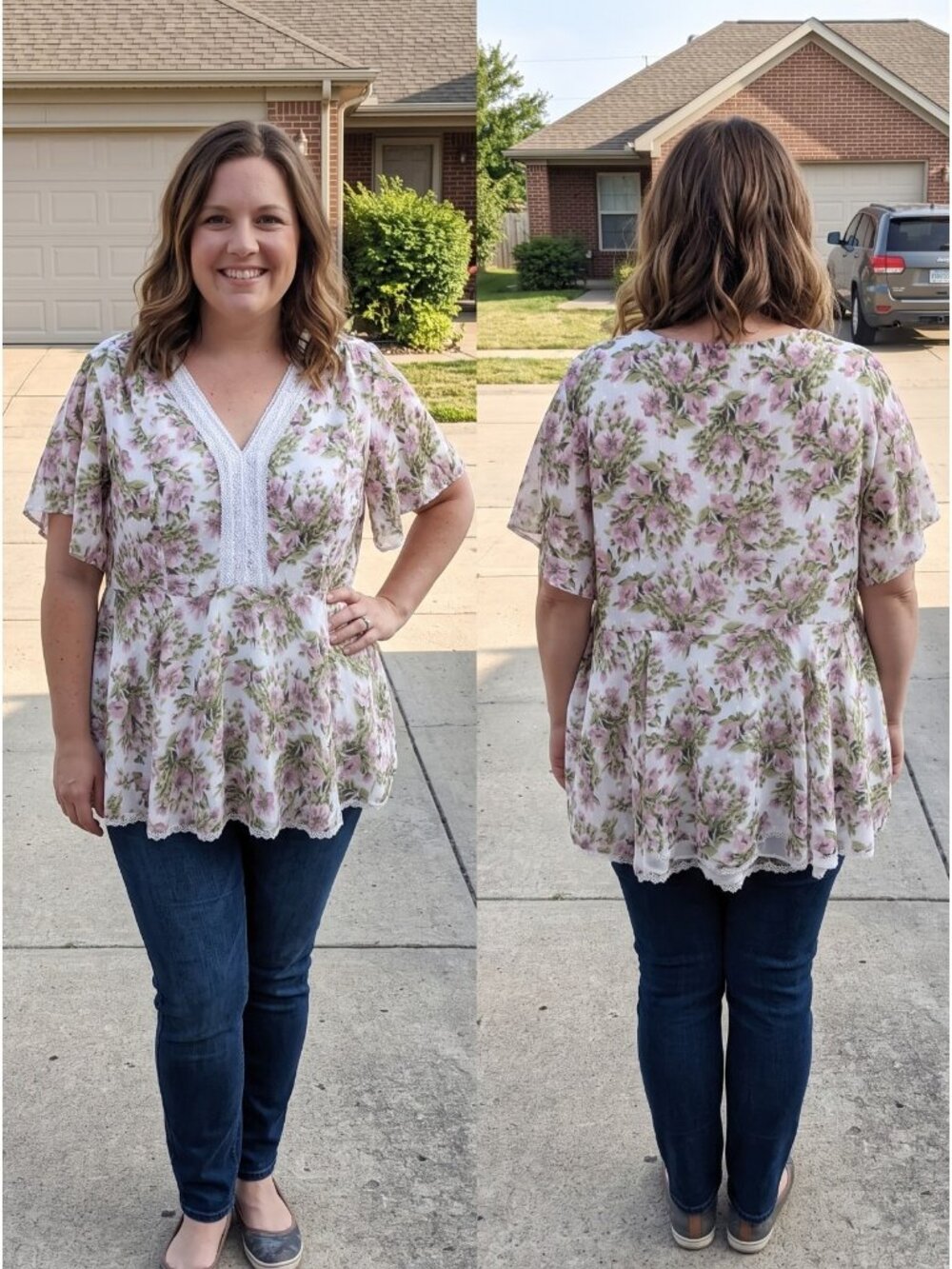 Torrid 4 4X White Pink Floral Clip Dot Lace Trim V-Neck Babydoll Peplum Blouse